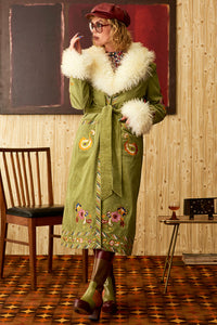 Angelina Green Corduroy Embroidered Long Coat