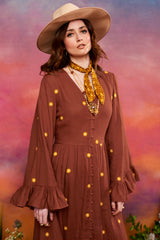 Harvest Moon Brown Embroidered Maxi Dress