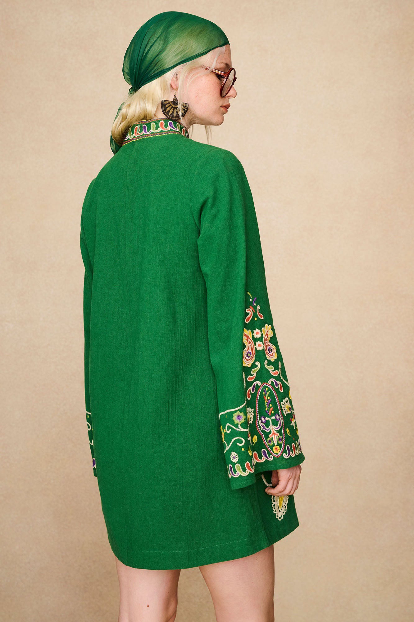 Back view of The Hippie Shake's green embroidered mini dress highlighting sleeve detailing and clean back panel.
