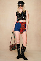 The Hippie Shake's black embroidered boots styled with our black velvet waistcoat vest, corduroy hat and high waisted denim shorts.