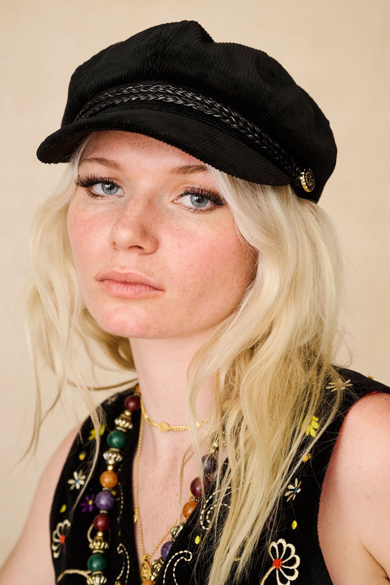 The Hippie Shake's 70s inspired corduroy baker hat styled with with our black velvet embroidered waistcoat.
