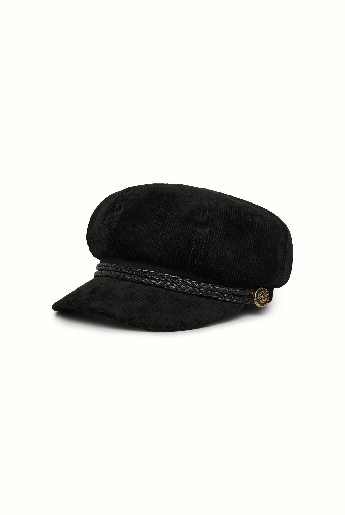 Studio shot of The Hippie Shake's black corduroy baker hat on white background.