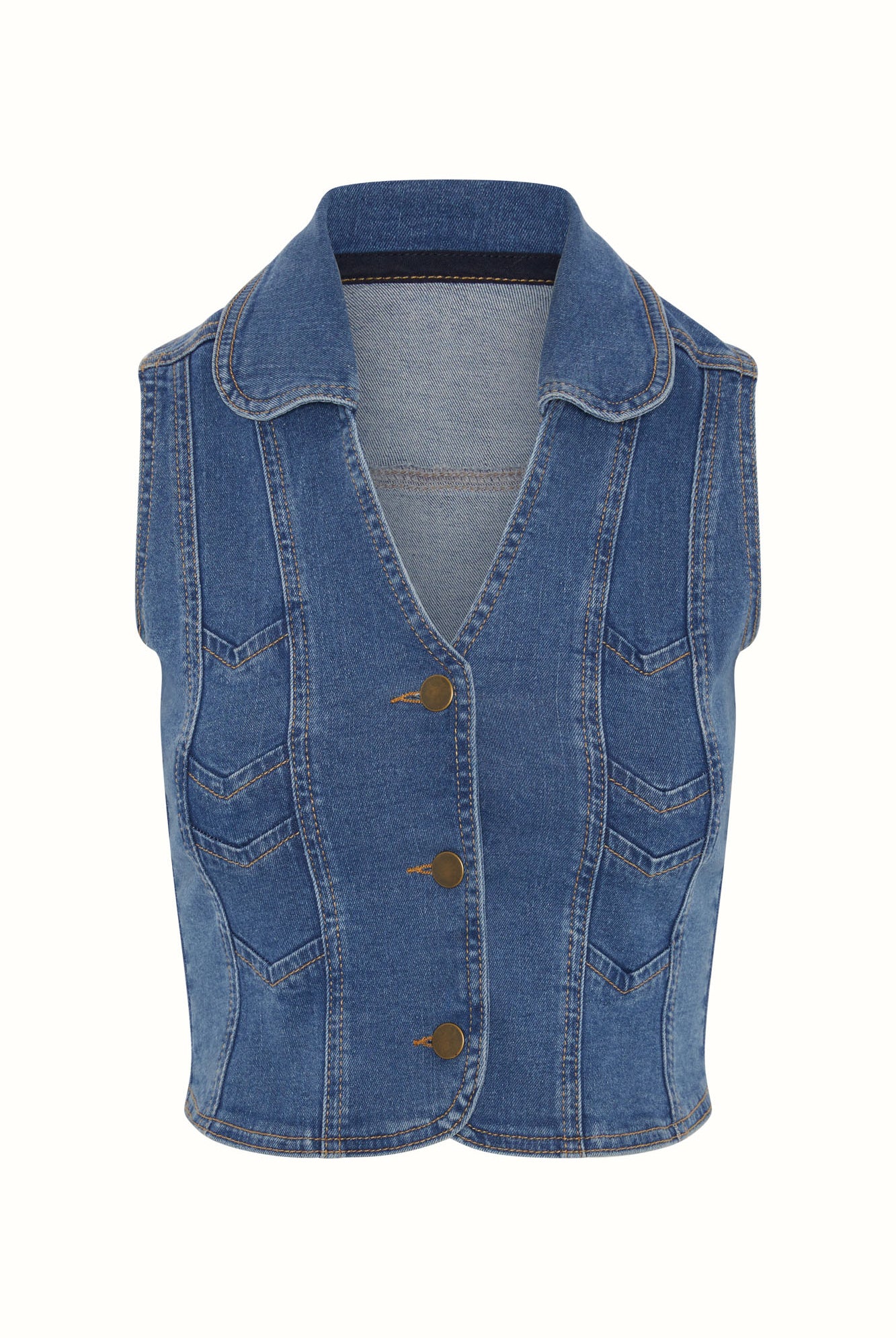 Flat lay of The Hippie Shake's chevron denim waistcoat vest with contrast stitching and a three-button front.