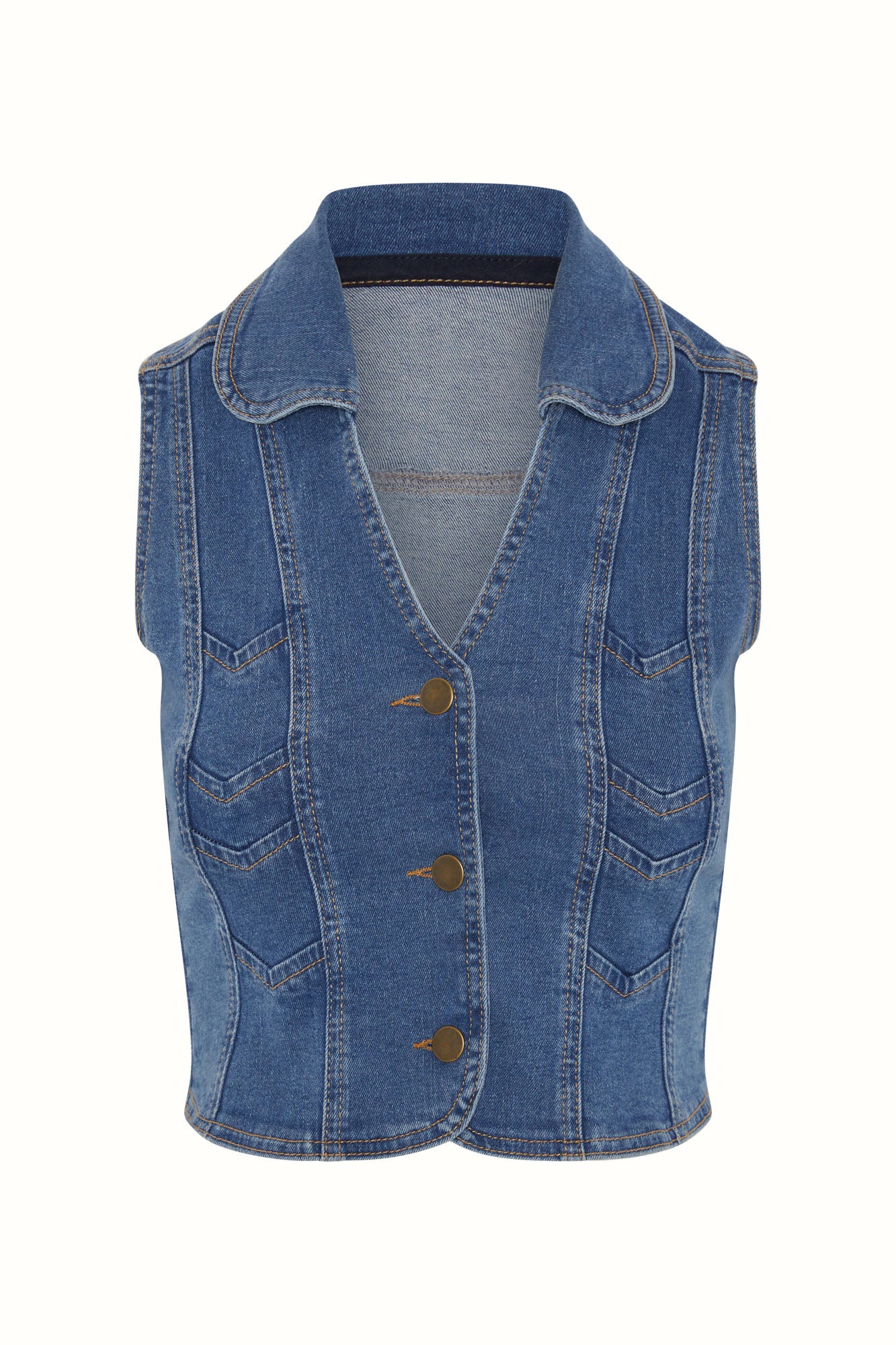 Flat lay of The Hippie Shake's chevron denim waistcoat vest with contrast stitching and a three-button front.