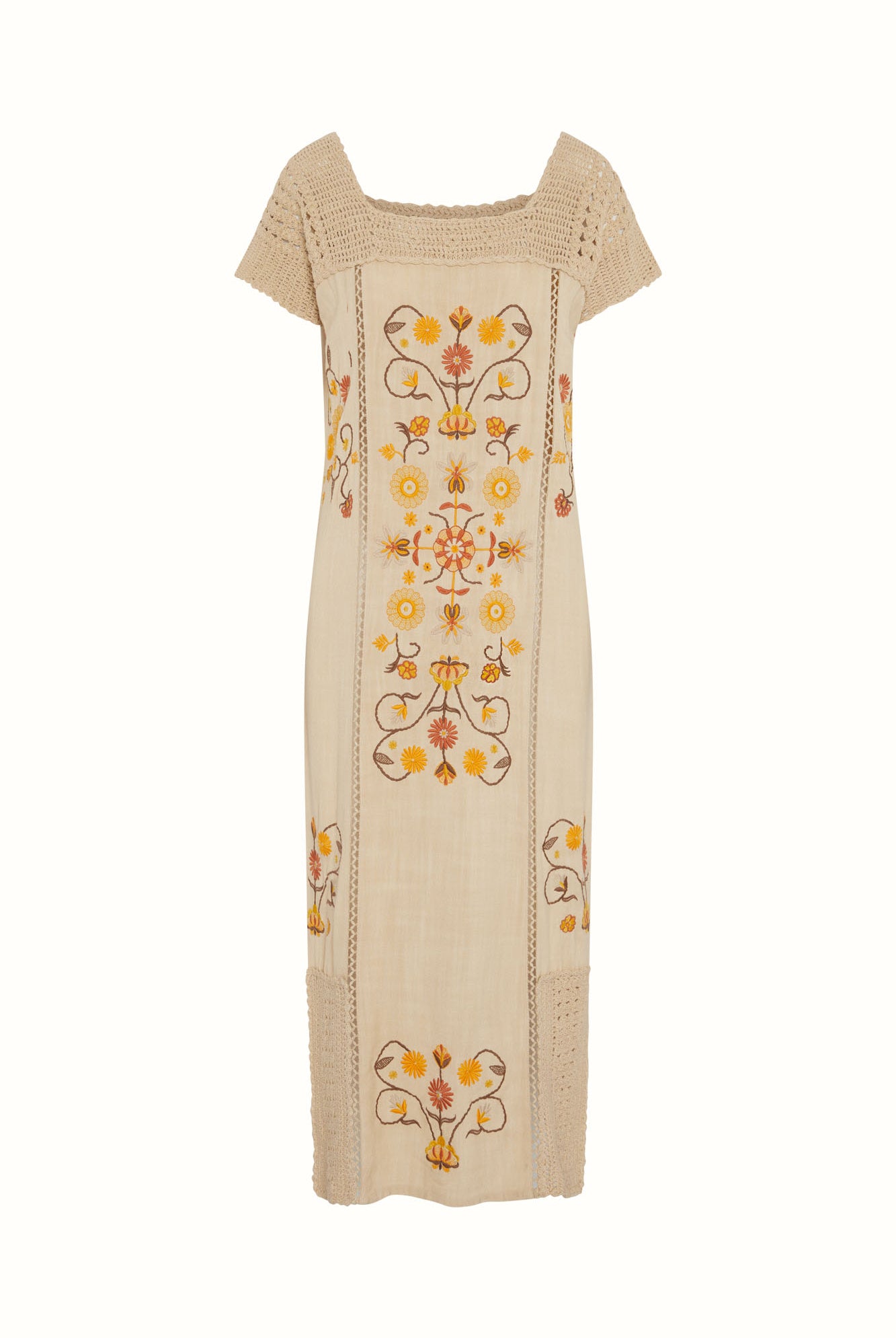 Flat lay of The Hippie Shake's cream crochet trim midi dress featuring floral embroidery in warm retro hues.