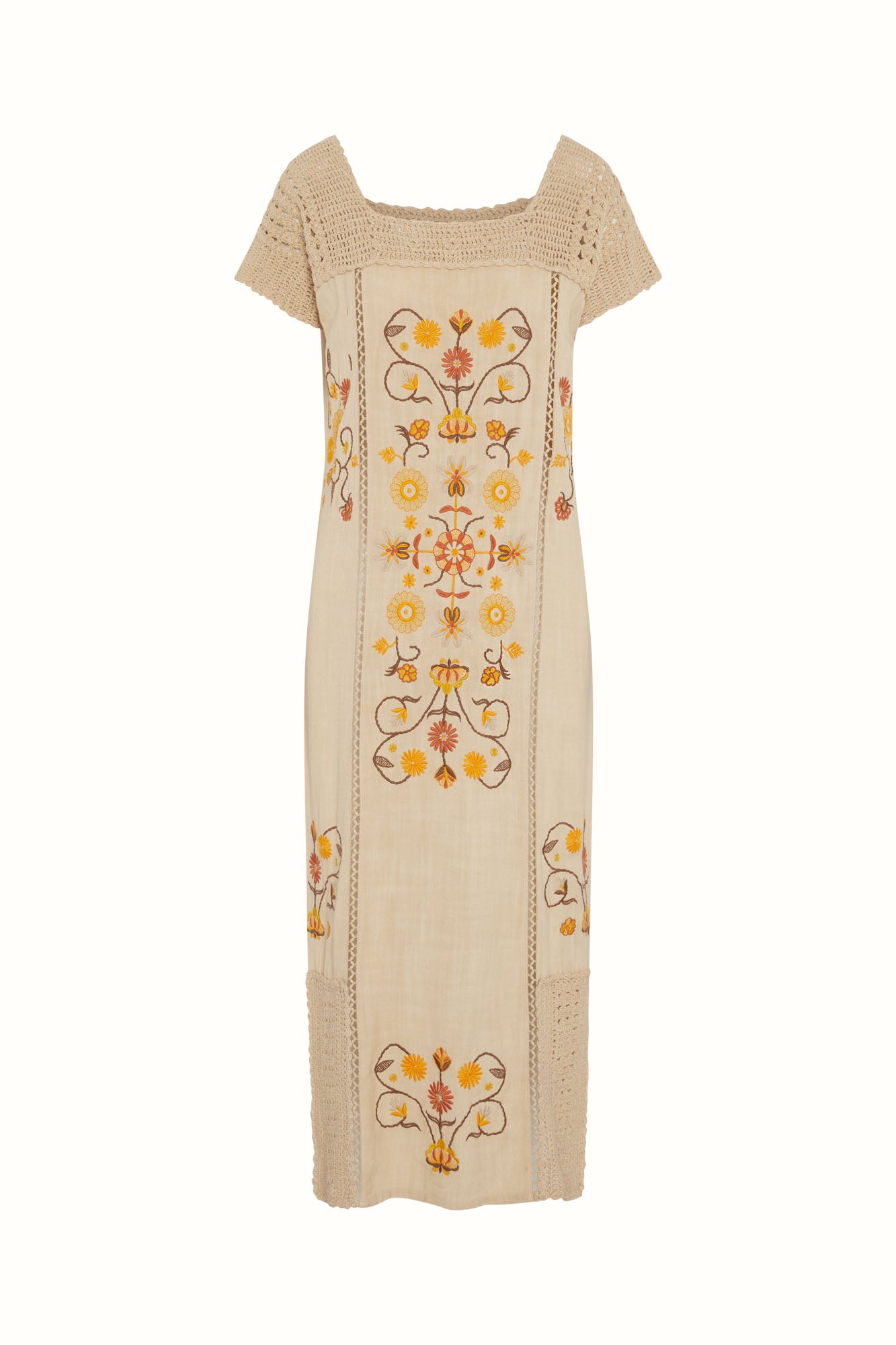 Flat lay of The Hippie Shake's cream crochet trim midi dress featuring floral embroidery in warm retro hues.
