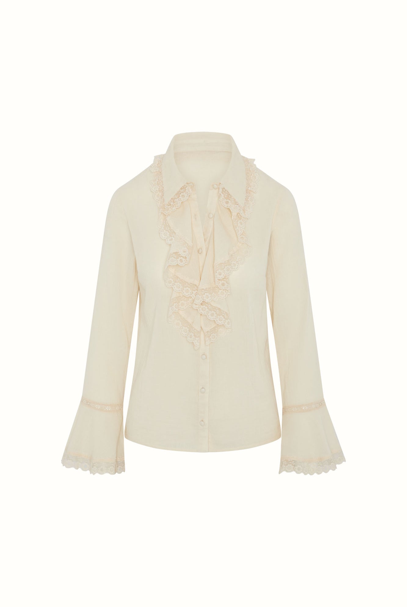 Flat lay of The Hippie Shake's lace trim cream ruffle blouse with flared sleeves and floral lace detailing.