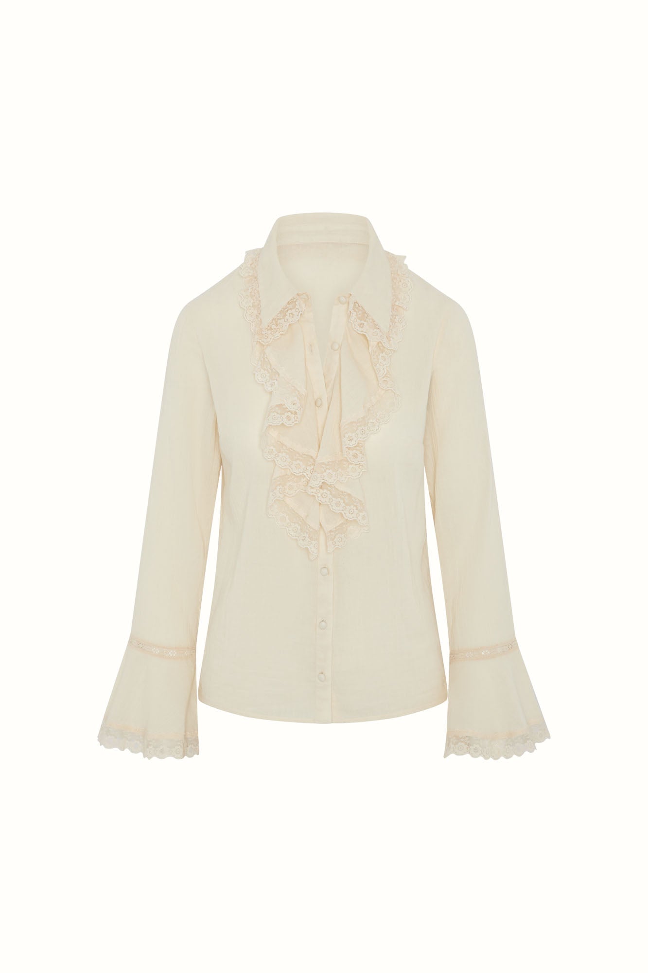 Flat lay of The Hippie Shake's lace trim cream ruffle blouse with flared sleeves and floral lace detailing.