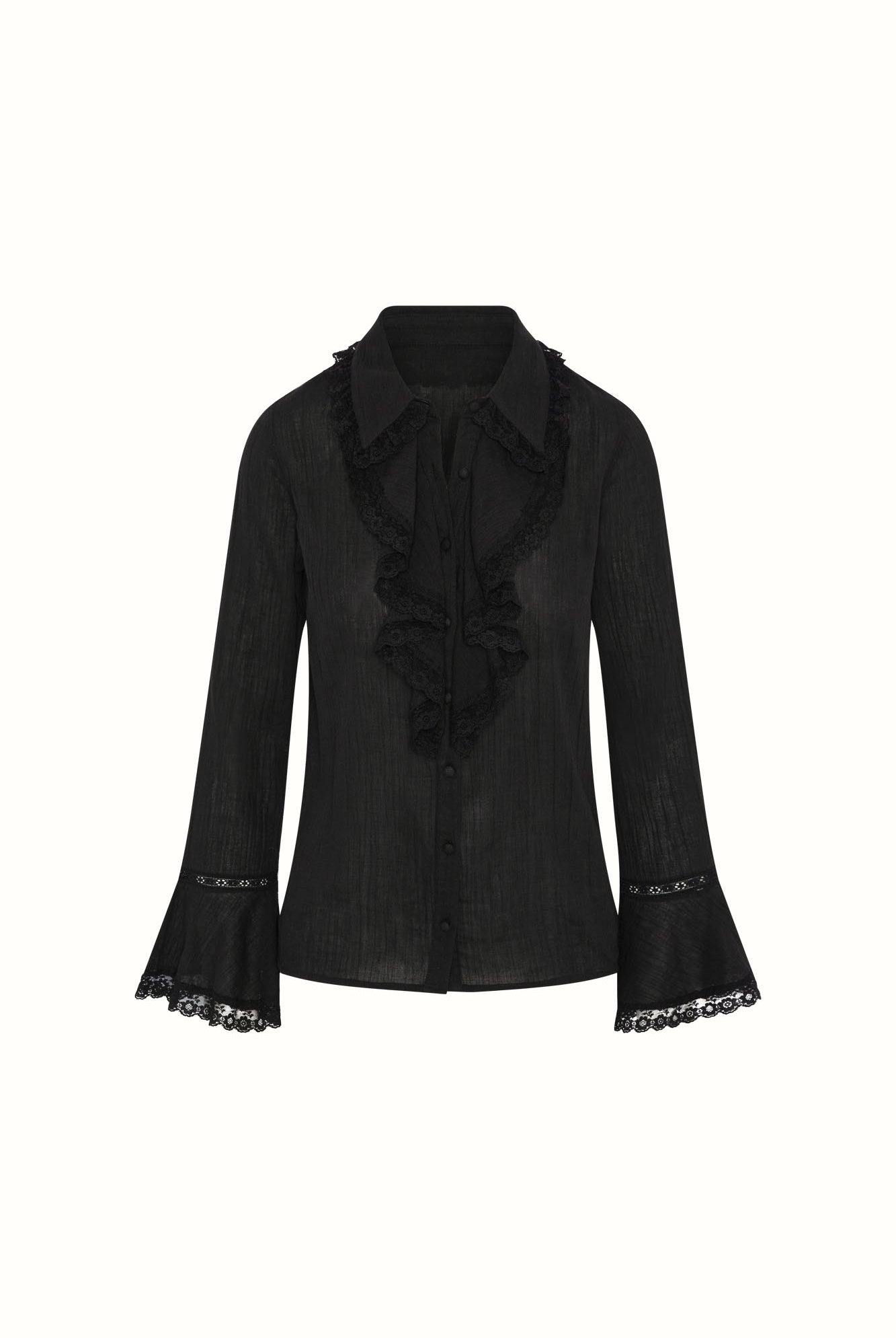 Flat lay of The Hippie Shake's black ruffled blouse with flared sleeves and ruffled collar, shown on a white background.