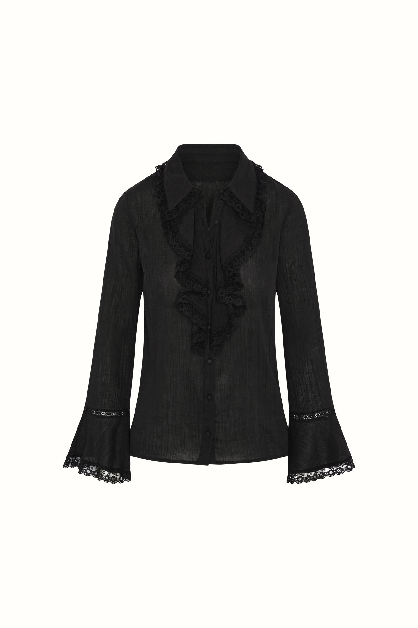 Flat lay of The Hippie Shake's black ruffled blouse with flared sleeves and ruffled collar, shown on a white background.