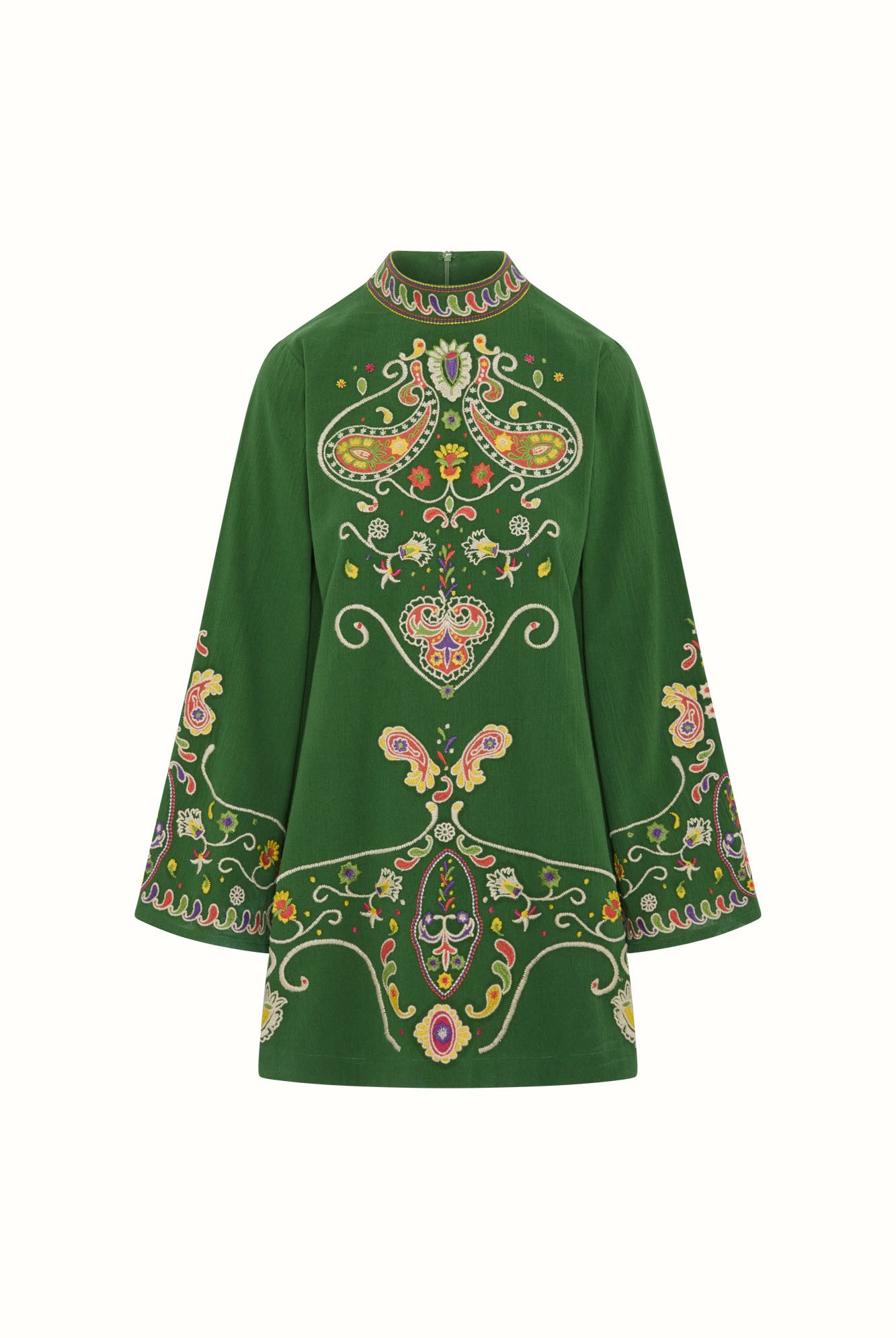 Flat lay of The Hippie Shake's green embroidered mini dress with colourful paisley and floral embroidery on a structured silhouette.