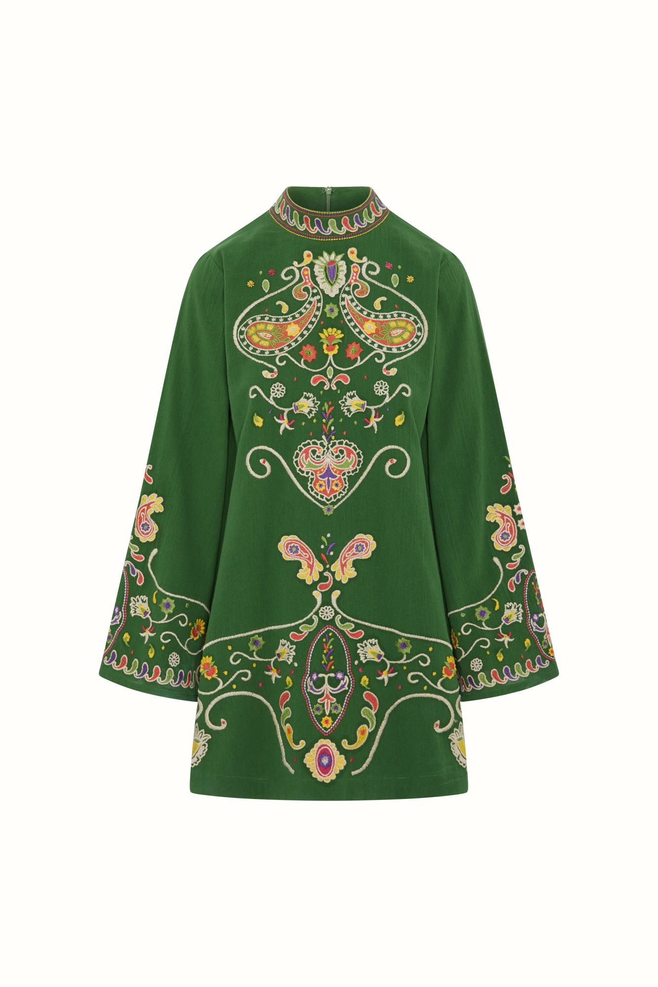 Flat lay of The Hippie Shake's green embroidered mini dress with colourful paisley and floral embroidery on a structured silhouette.