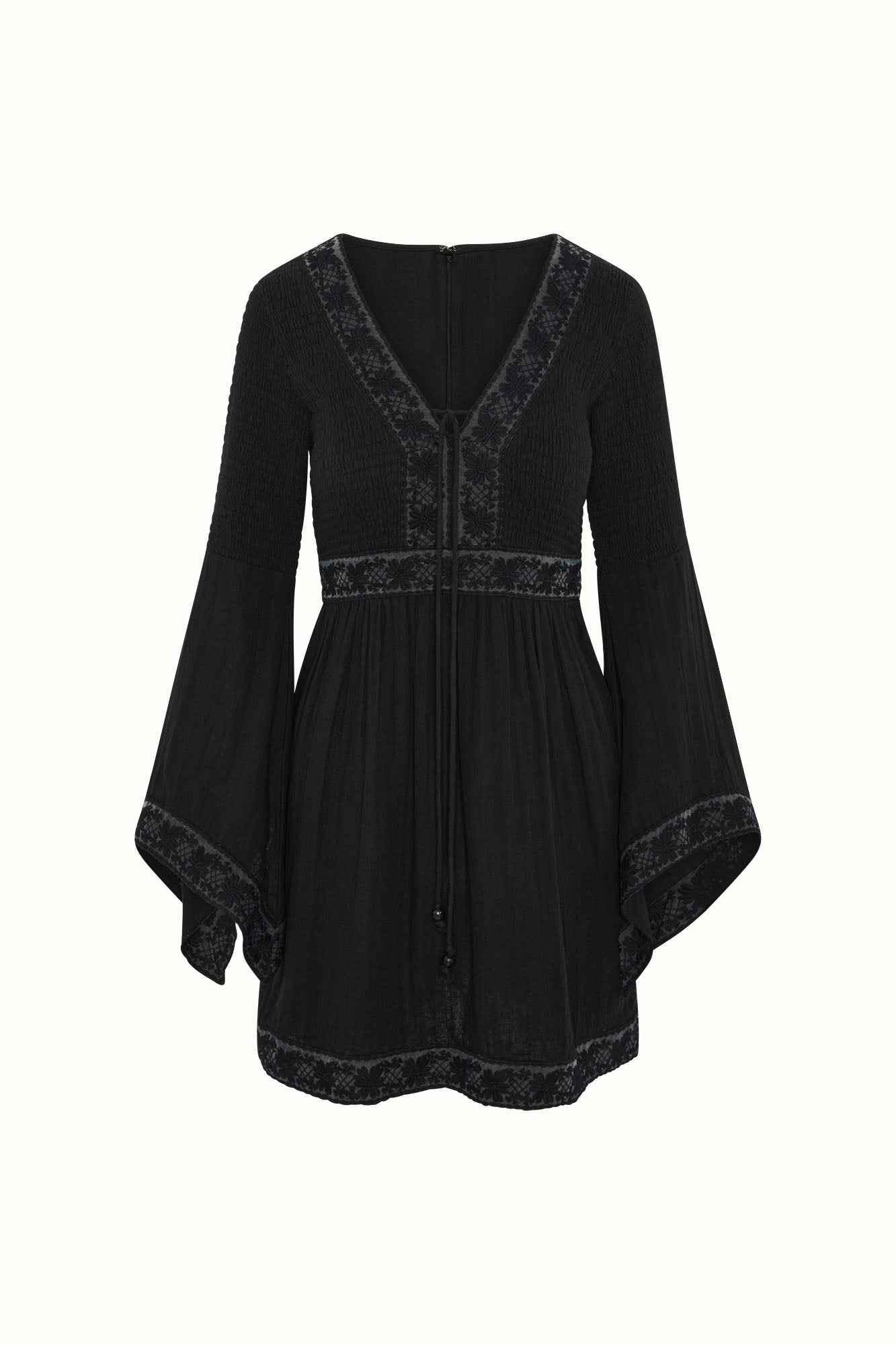 The Hippie Shake's black mini dress with lace trim and flared flowy sleeves on white background.