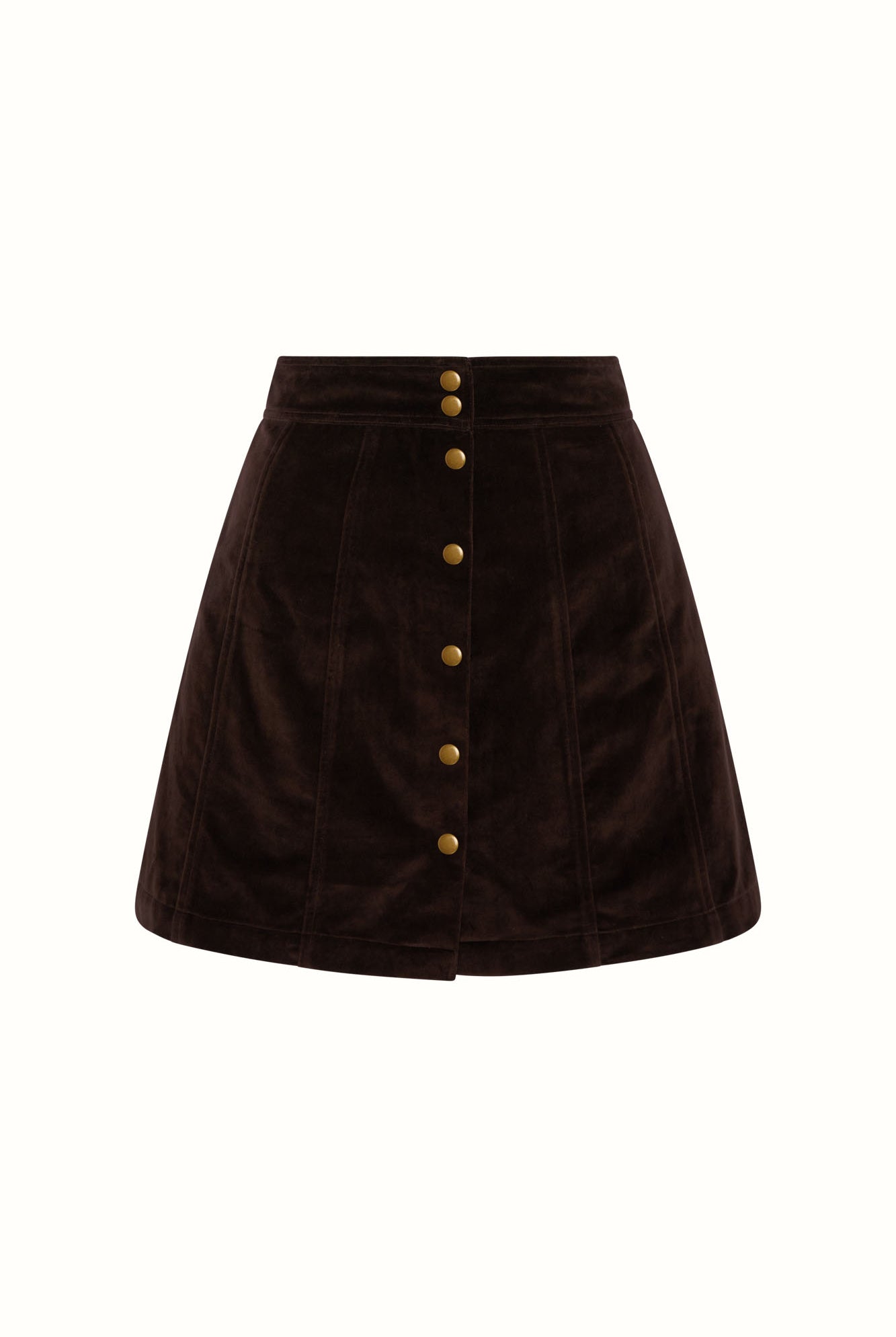 Flat lay of The Hippie Shake's brown velvet mini skirt with gold button front.