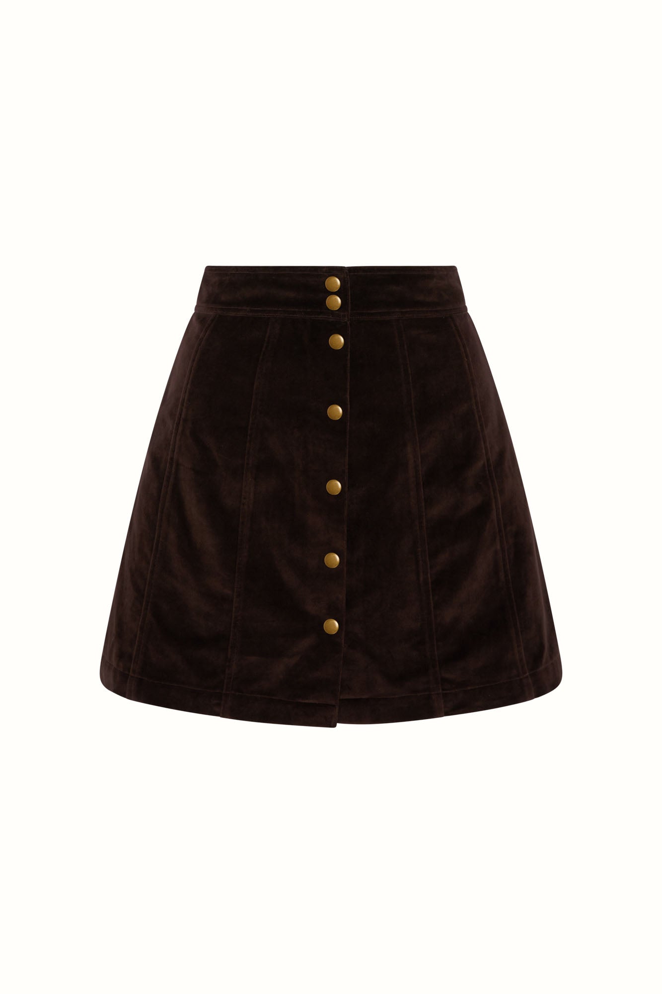 Flat lay of The Hippie Shake's brown velvet mini skirt with gold button front.