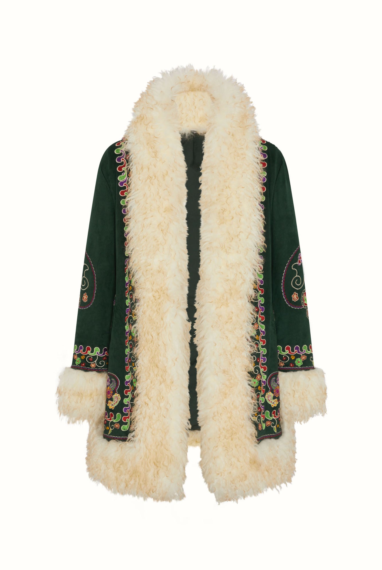 Flat lay of The Hippie Shake's green embroidered Penny Lane coat showing full embroidery and fluffy shearling trim.
