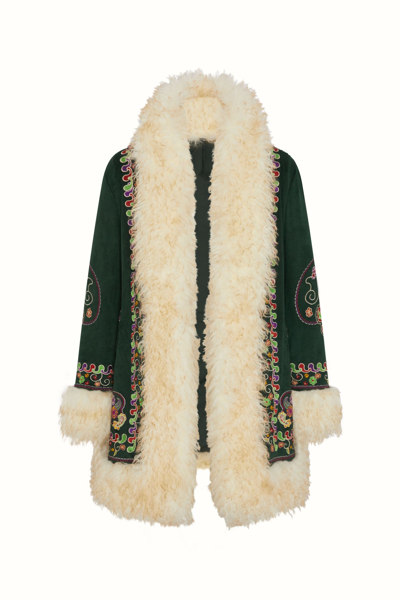 Flat lay of The Hippie Shake's green embroidered Penny Lane coat showing full embroidery and fluffy shearling trim.