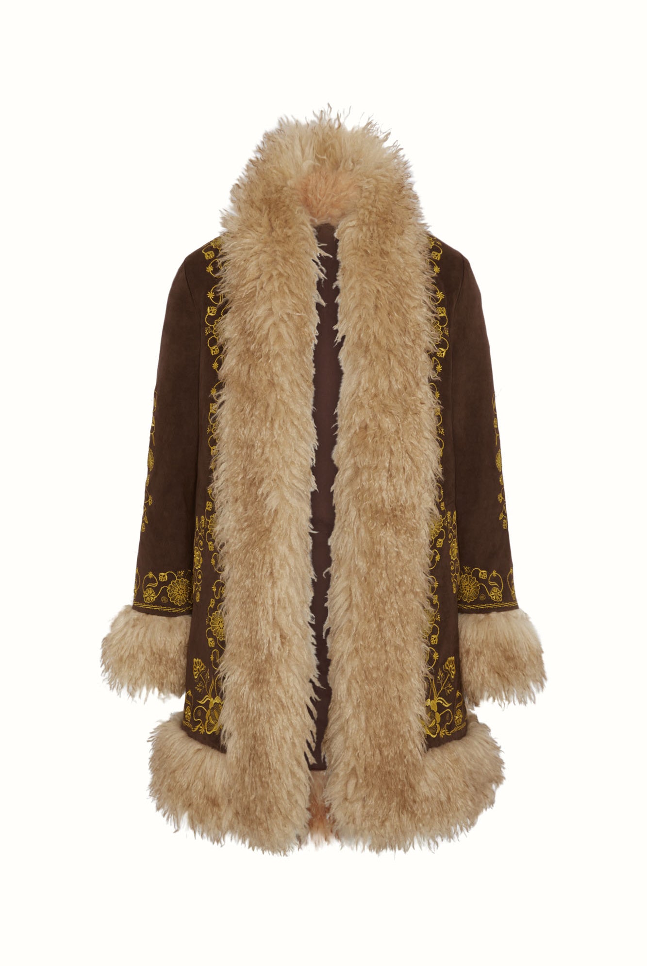 Flat lay of The Hippie Shake's brown embroidered Penny Lane coat on white background.