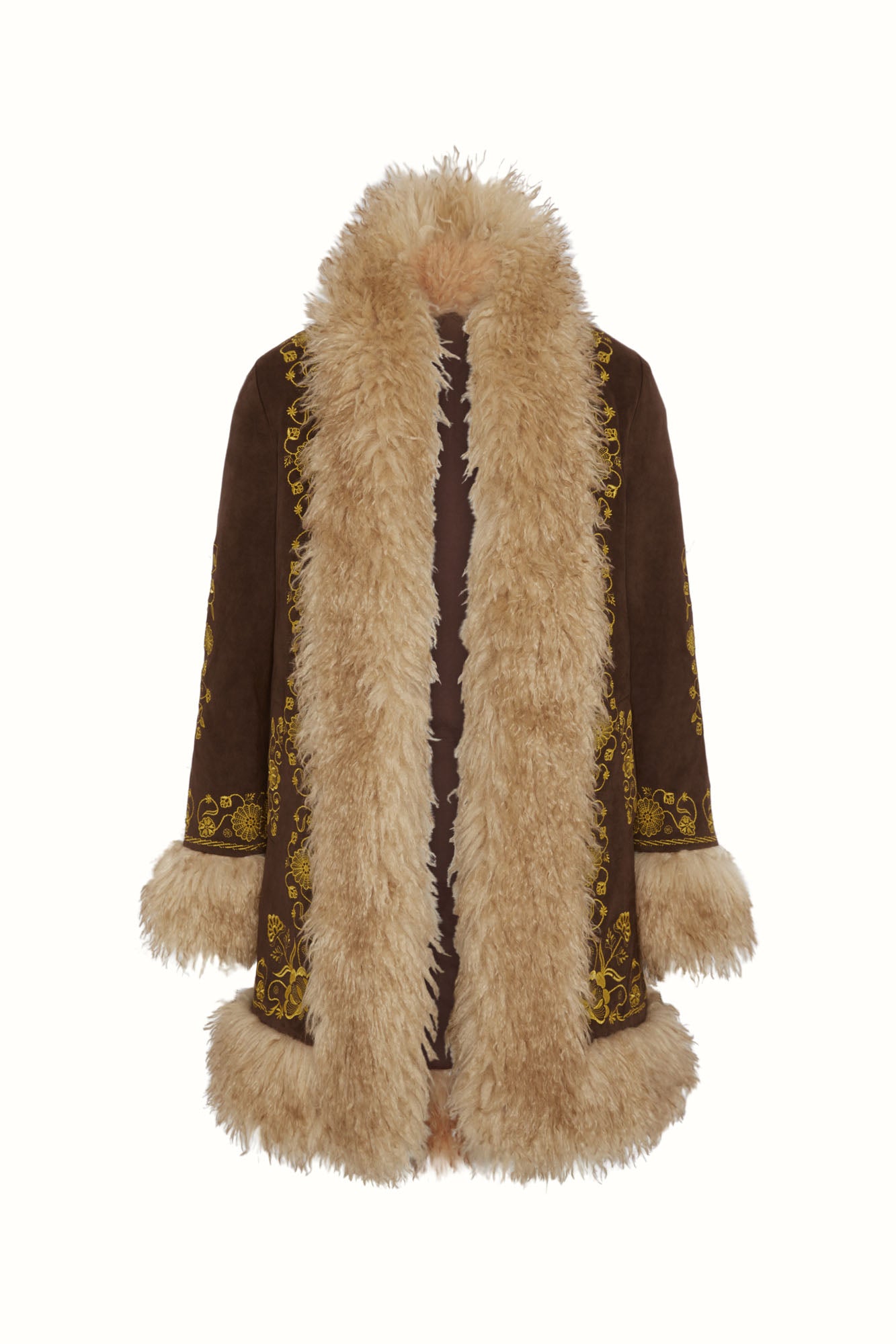 Flat lay of The Hippie Shake's brown embroidered Penny Lane coat on white background.