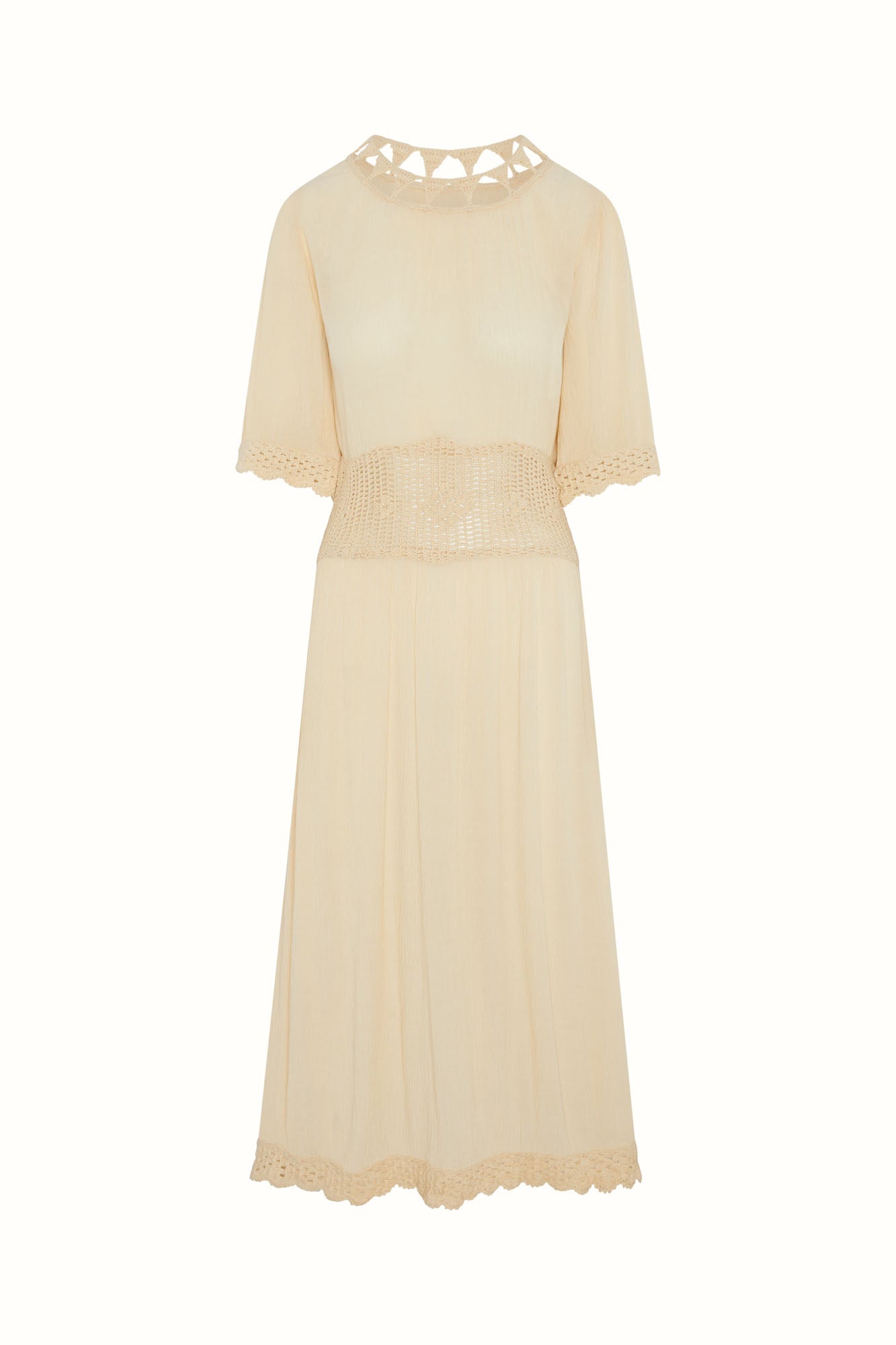 Flat lay of The Hippie Shake's cream crochet midi dress showing textured panel and shape