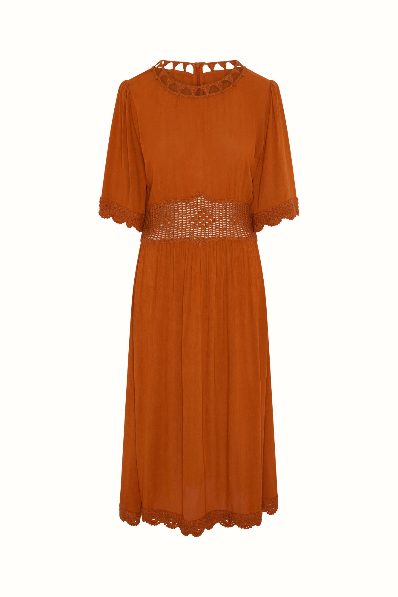 Flat lay of The Hippie Shake's orange crochet midi dress with lace trim and sheer waistband panel.