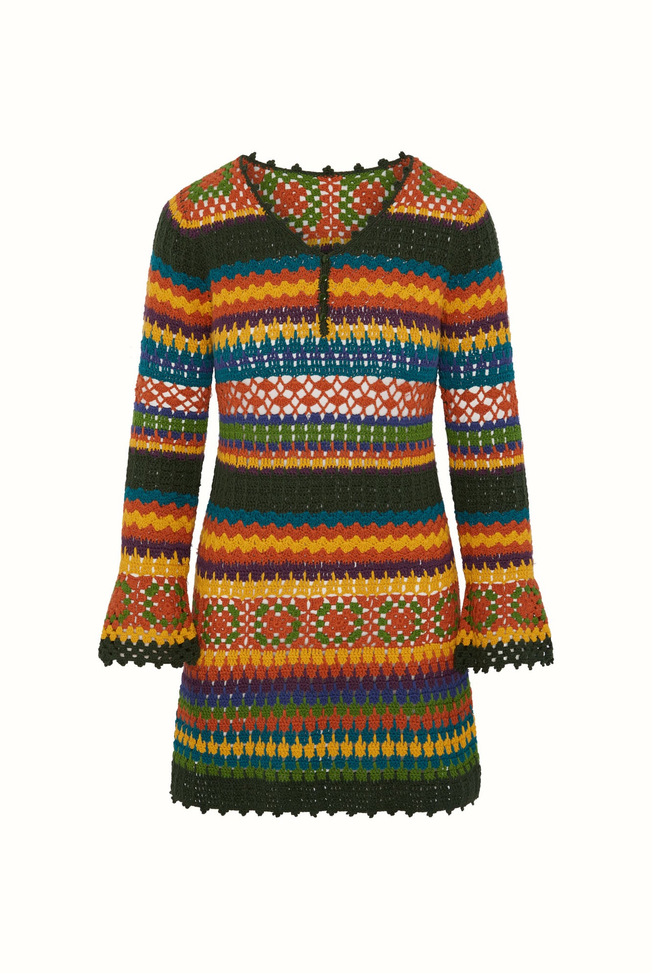 Flat lay of The Hippie Shake's multicoloured crochet dream mini dress.