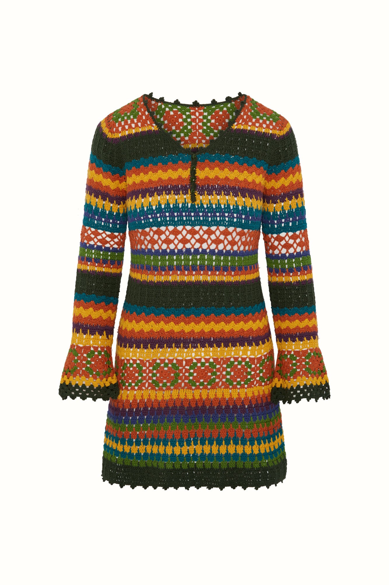 Flat lay of The Hippie Shake's multicoloured crochet dream mini dress.