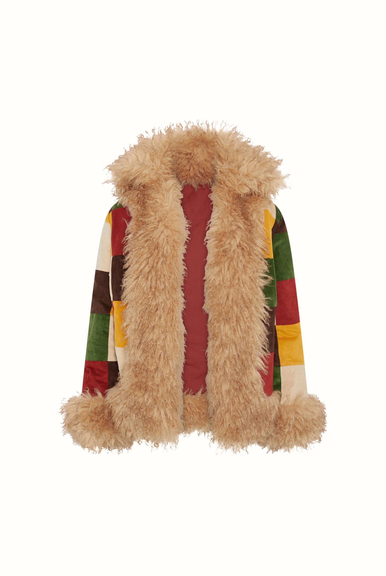 Flat lay of The Hippie Shake's patchwork Penny Lane coat with faux fur collar, cuffs and hem.