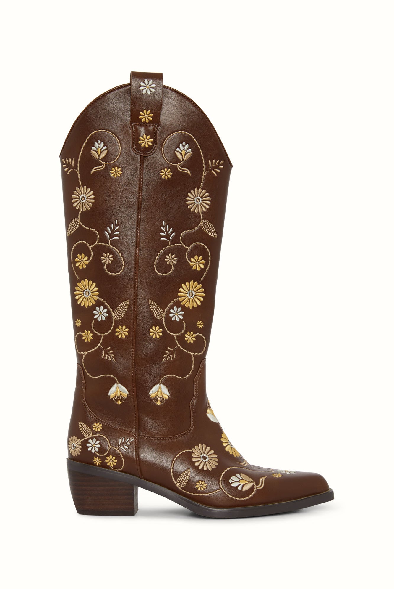 Flat lay of The Hippie Shake’s brown embroidered cowboy boot showing floral embroidery detail.