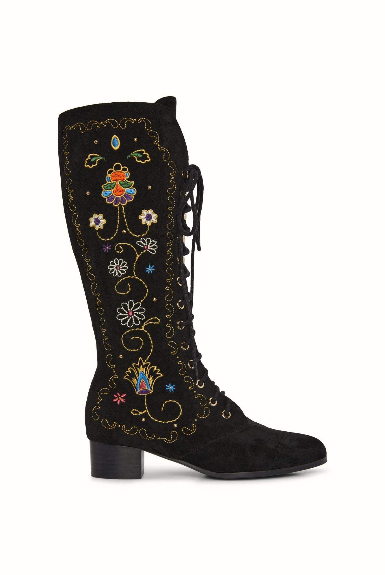 Studio shot of The Hippie Shake's black embroidered boots on white background.