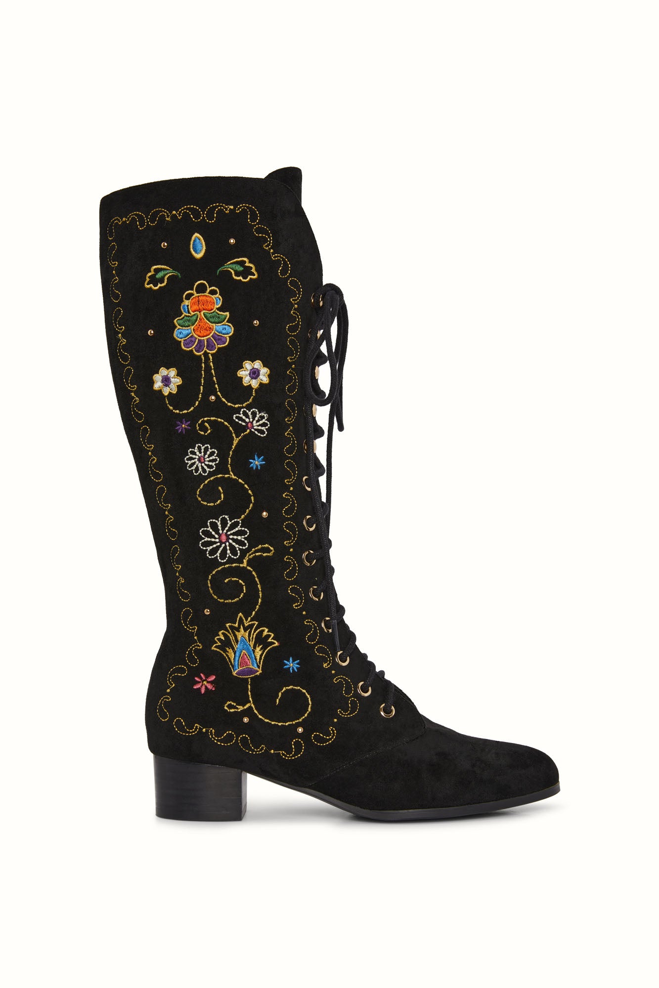Studio shot of The Hippie Shake's black embroidered boots on white background.