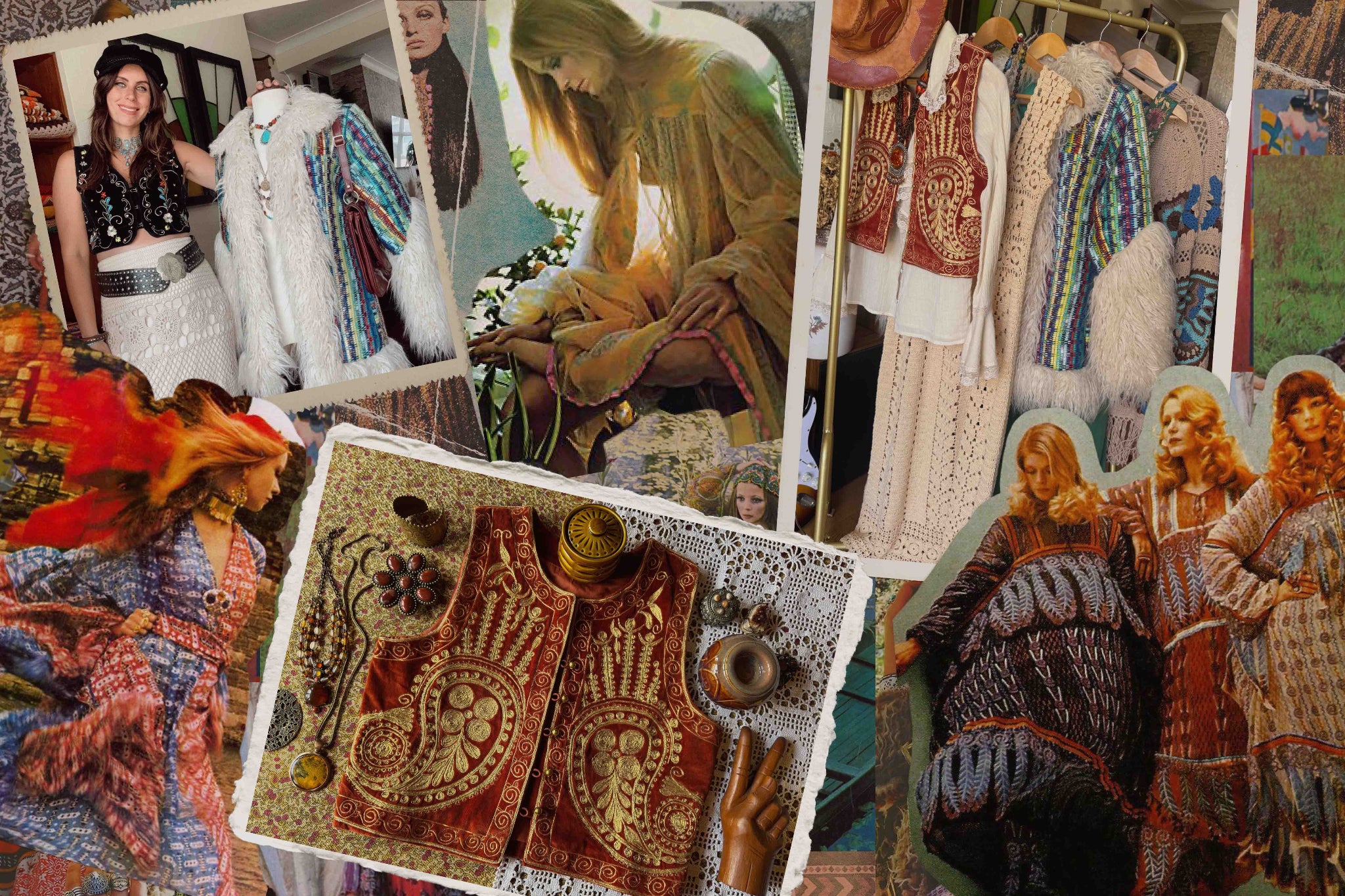 A collage showing a mix of vintage fashion references with a rack of vintage and 70s inspired clothing by The Hippie Shake