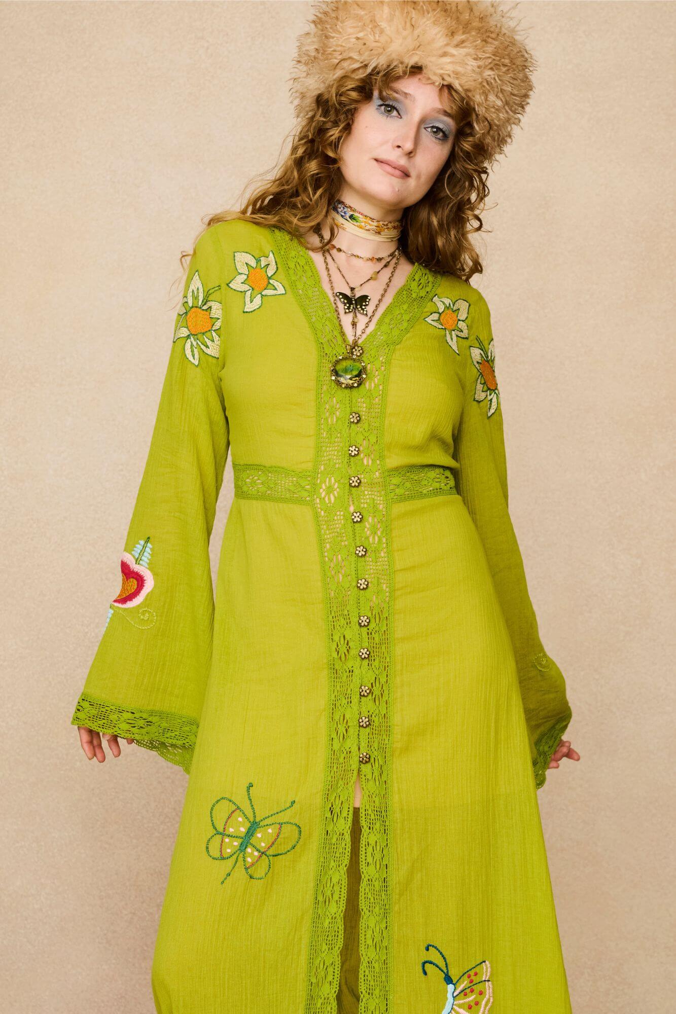 Embroidered Duster crafted from textured green cotton on a model - mid view