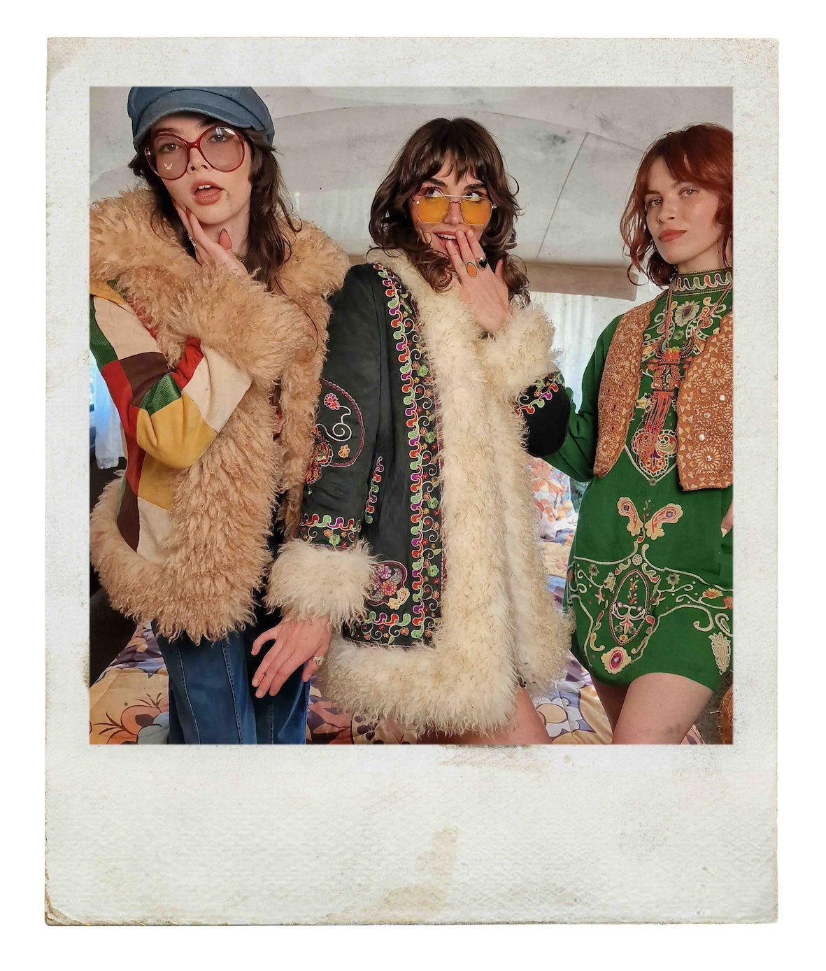 3 models wearing Penny Lane coats and 70s inspired fashion by The Hippie Shake