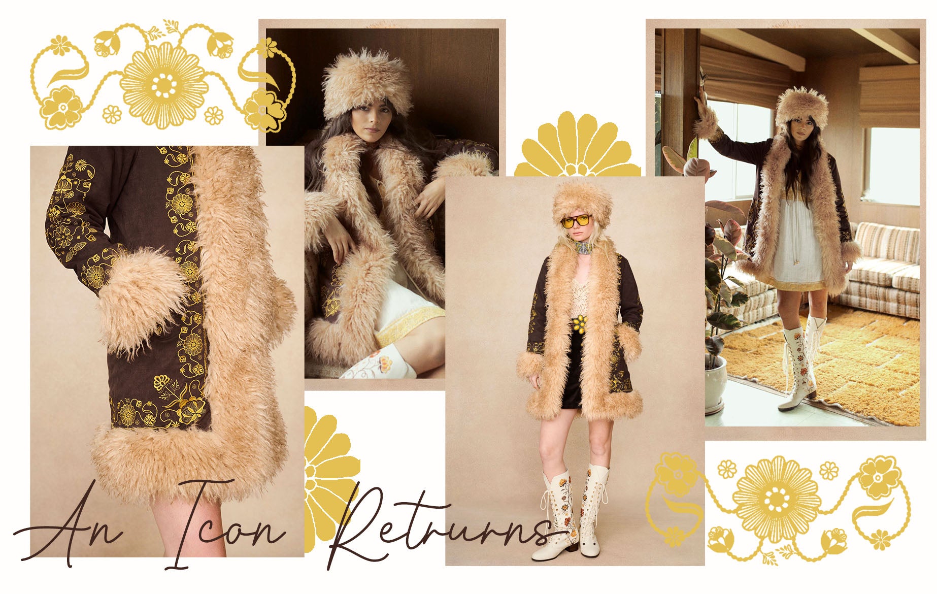 A collage of photos of a model wearing the iconic Penny Lane Coat in brown by The Hippie Shake