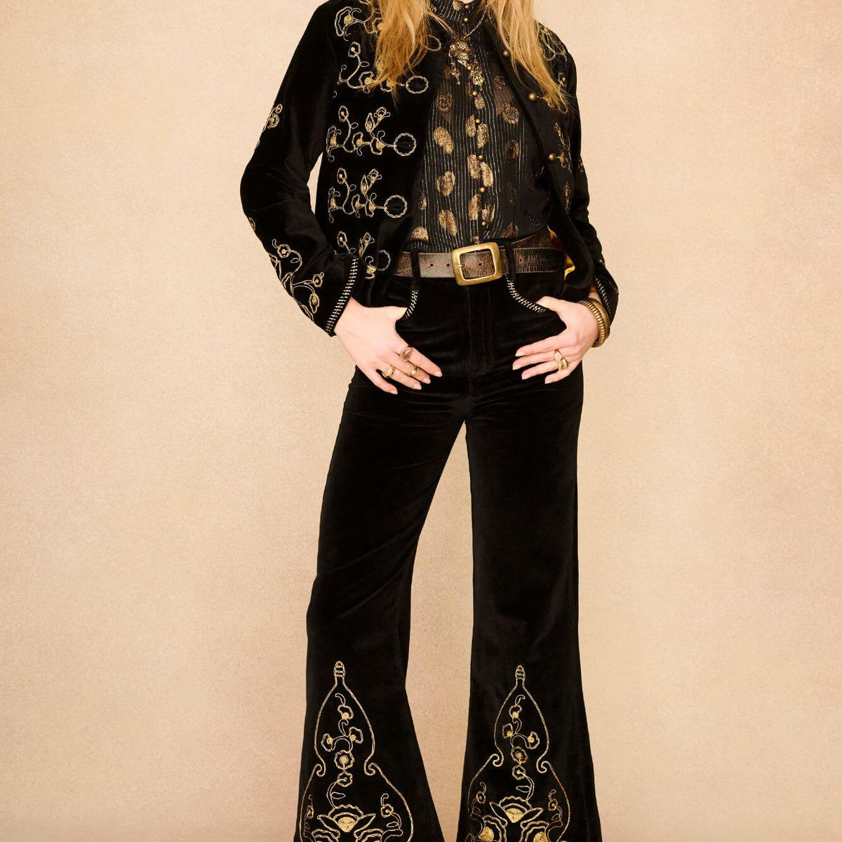 Smoke & Gold Black Embroidered Velvet Trousers - The Hippie Shake