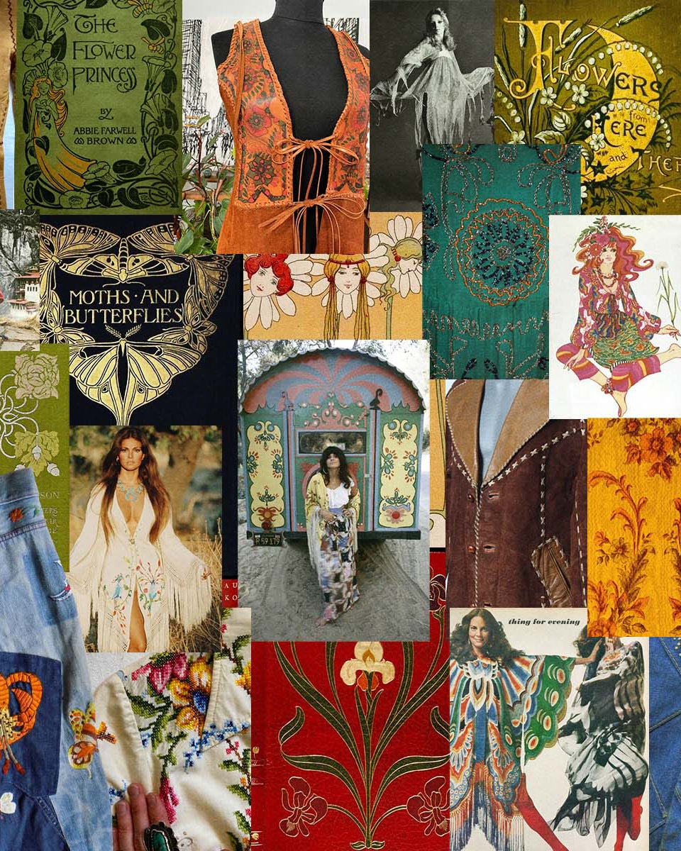 Collage moodboard of 70s dresses and fashion inspiration and embroidery details