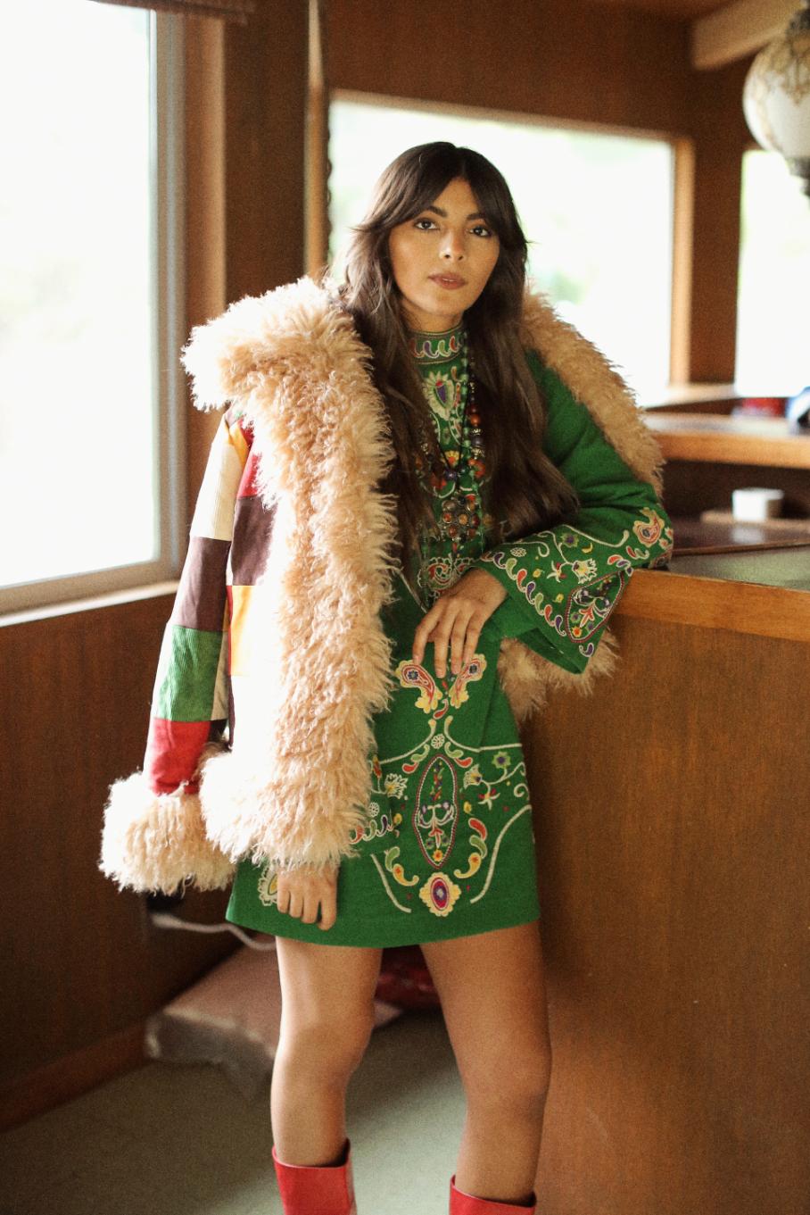 Willow green embroidered dress and patchwork Penny Lane coat