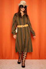 Vintage 1970s Brown and Green Midi Dress