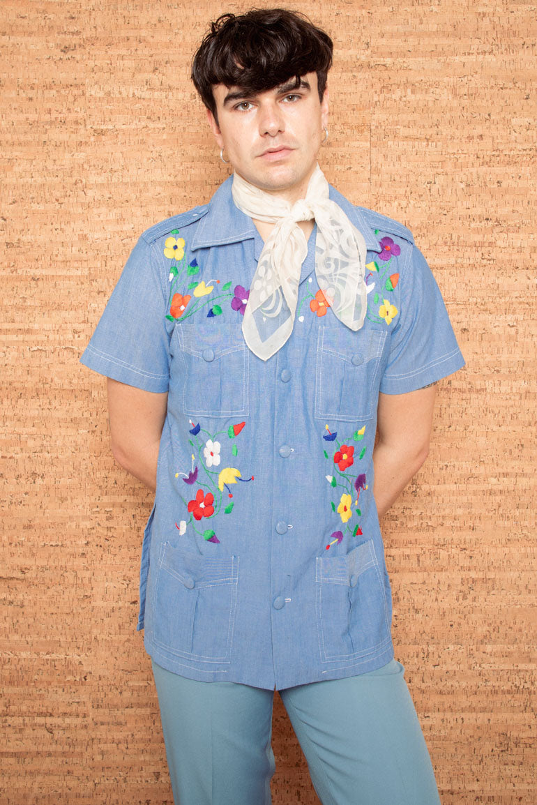 Vintage 1970s Mens Floral Embroidered Denim Shirt