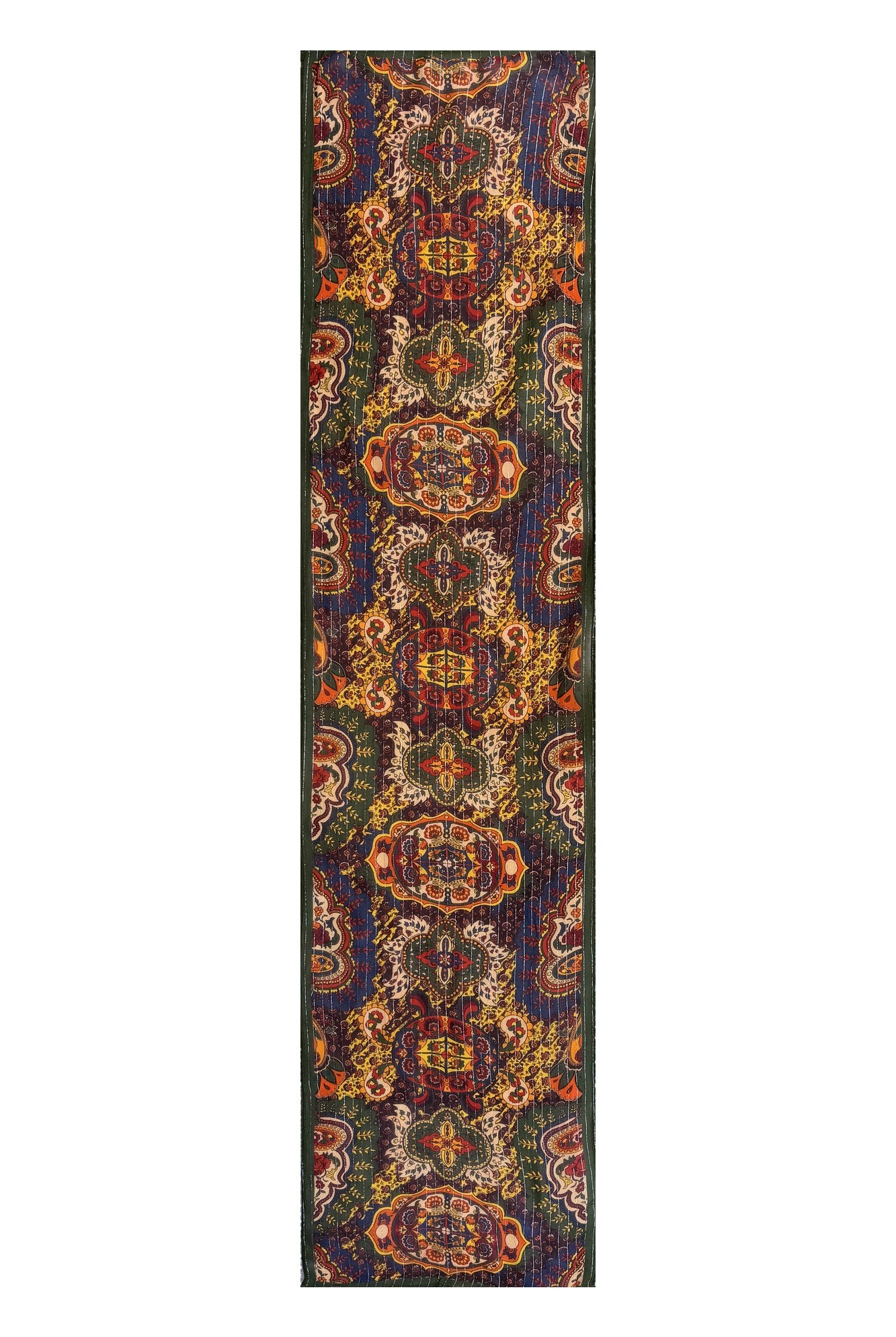 Tapestry print head scarf in sheer gold-shimmer lurex viscose, full length, by The Hippie Shake