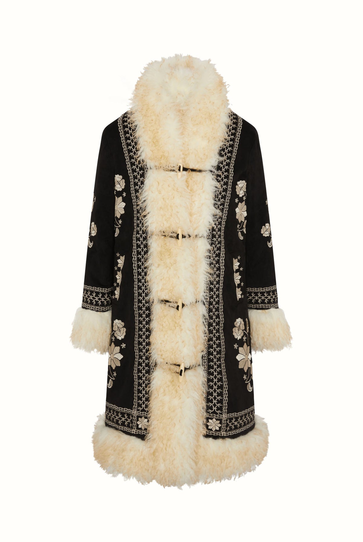 Ghost image of a long black 70s coat with cream fur trim by The Hippie Shake