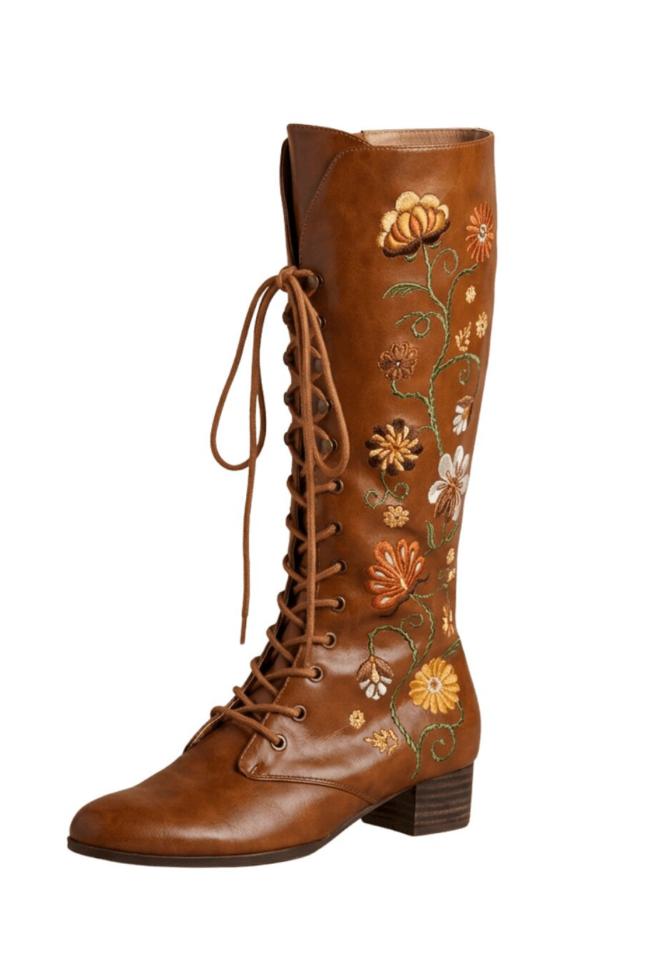 Ghost image of 70s style brown embroidered Penny Lane boot by The Hippie Shake