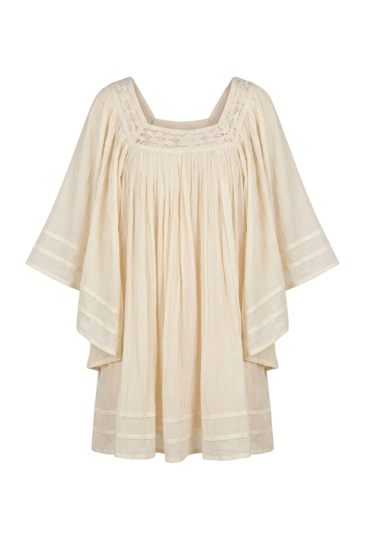 Ghost image of 70s style cream flowy Desert Angel tunic mini dress by The Hippie Shake