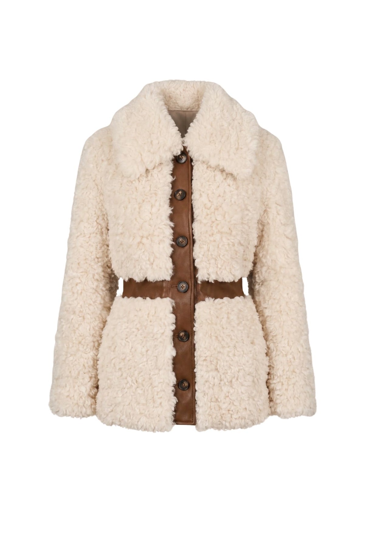 Ghost image of a cream-colored sheepskin coat with a brown faux-leather button-front placket, matching brown belt, and dark brown buttons, by The Hippie Shake