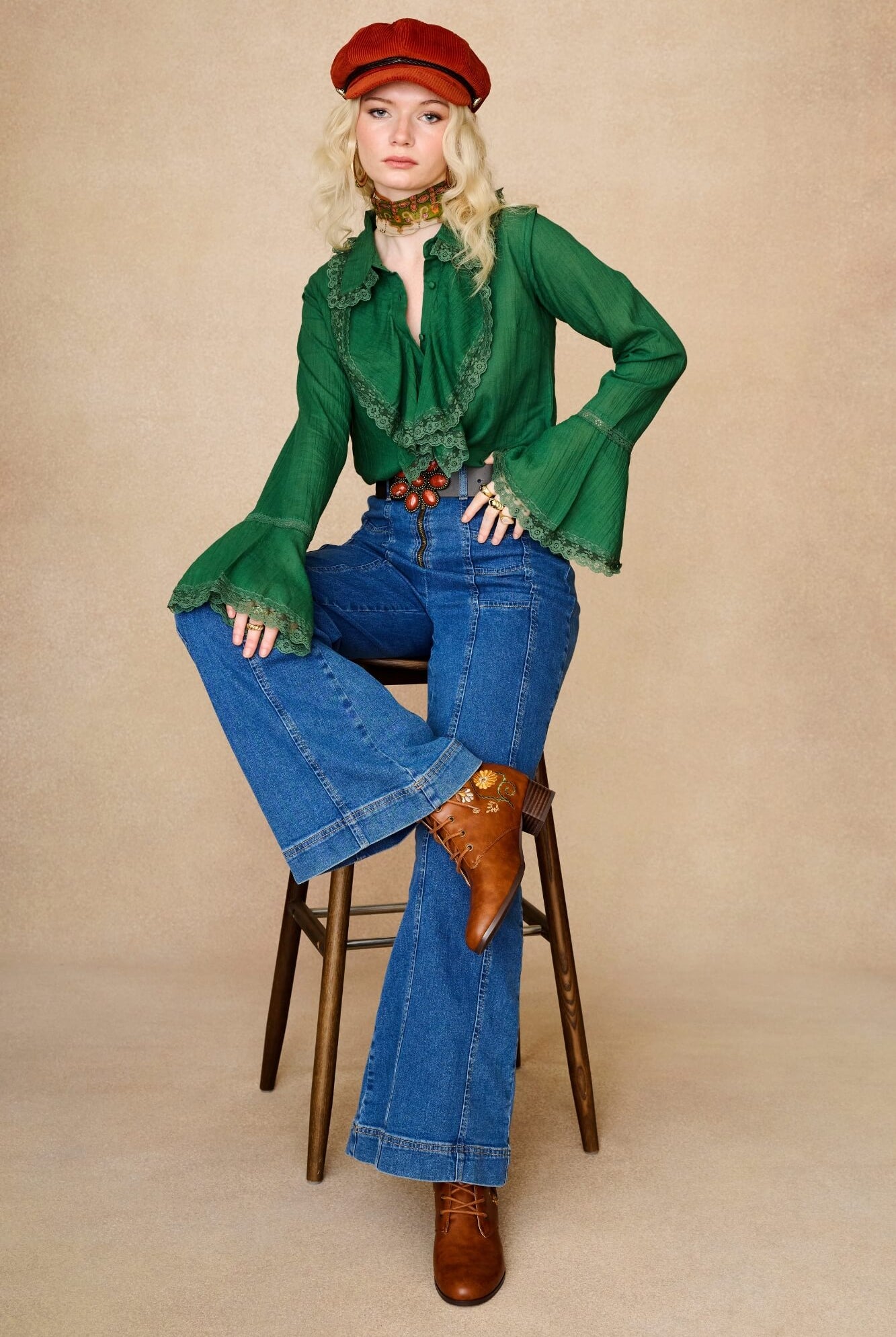 Denim Collection wear model wears 70s outfit featuring flower belt by The Hippie Shake - front view