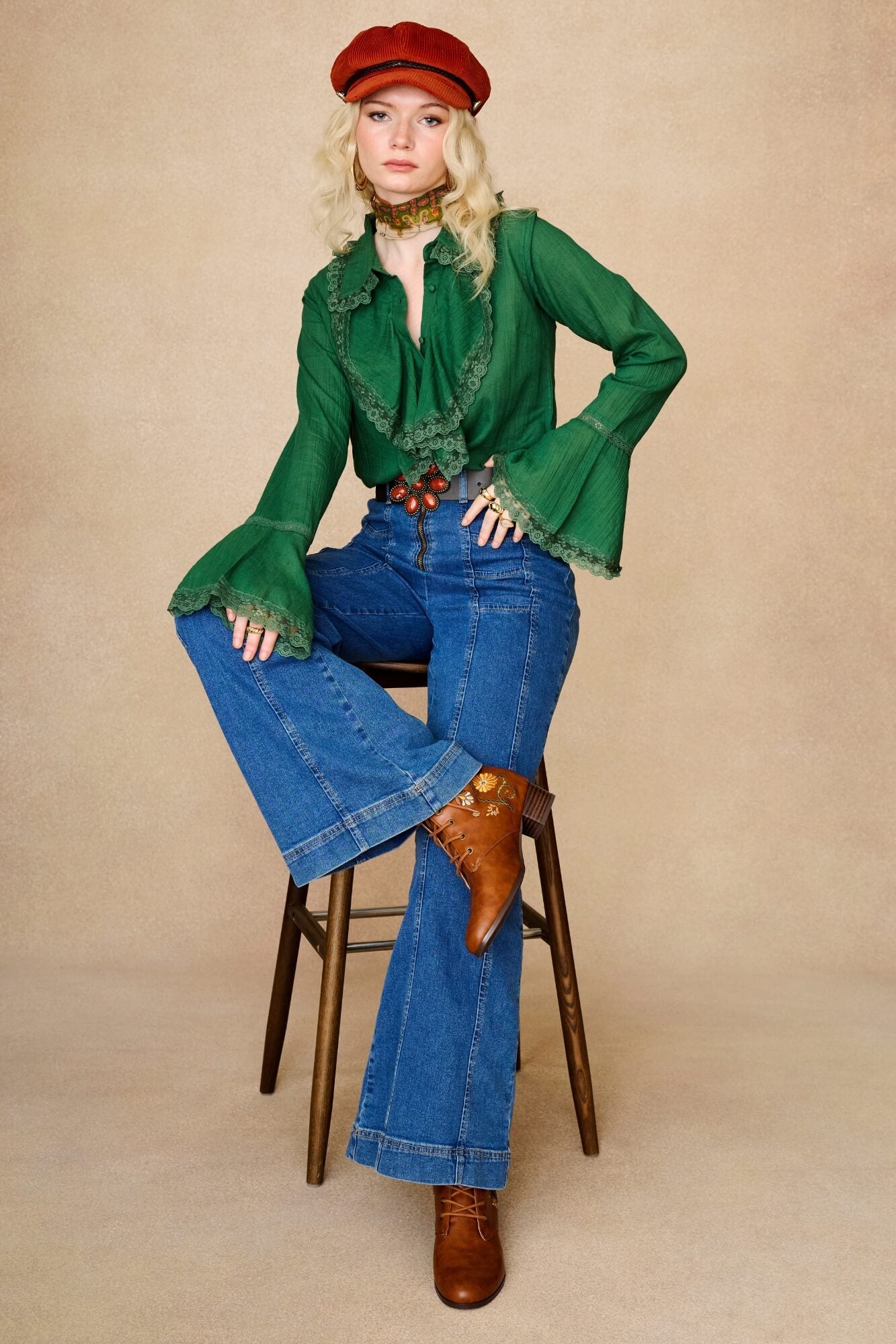 Denim Collection wear model wears 70s outfit featuring flower belt by The Hippie Shake - front view