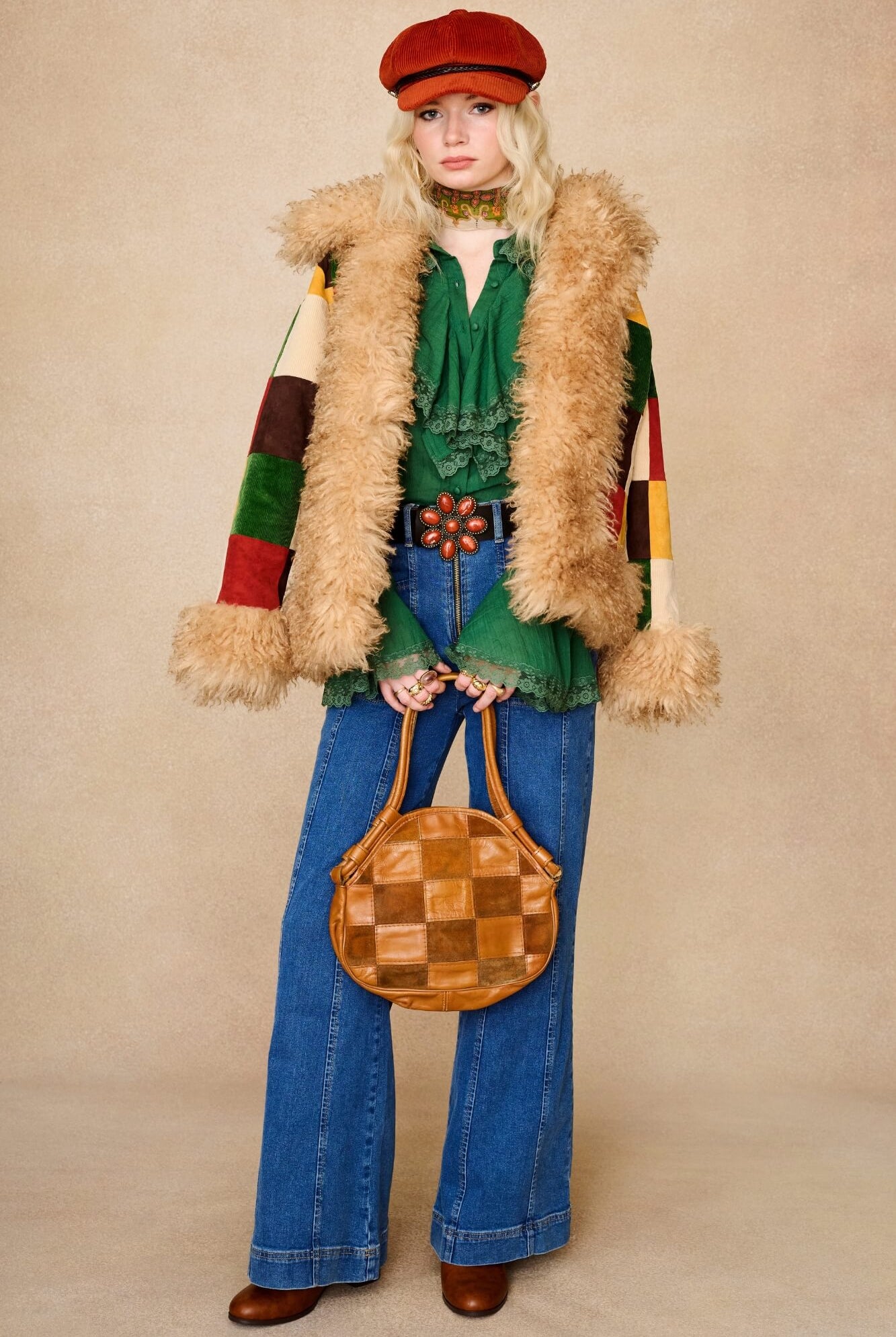 Denim Collection wear model wears 70s outfit featuring flower belt by The Hippie Shake - front view