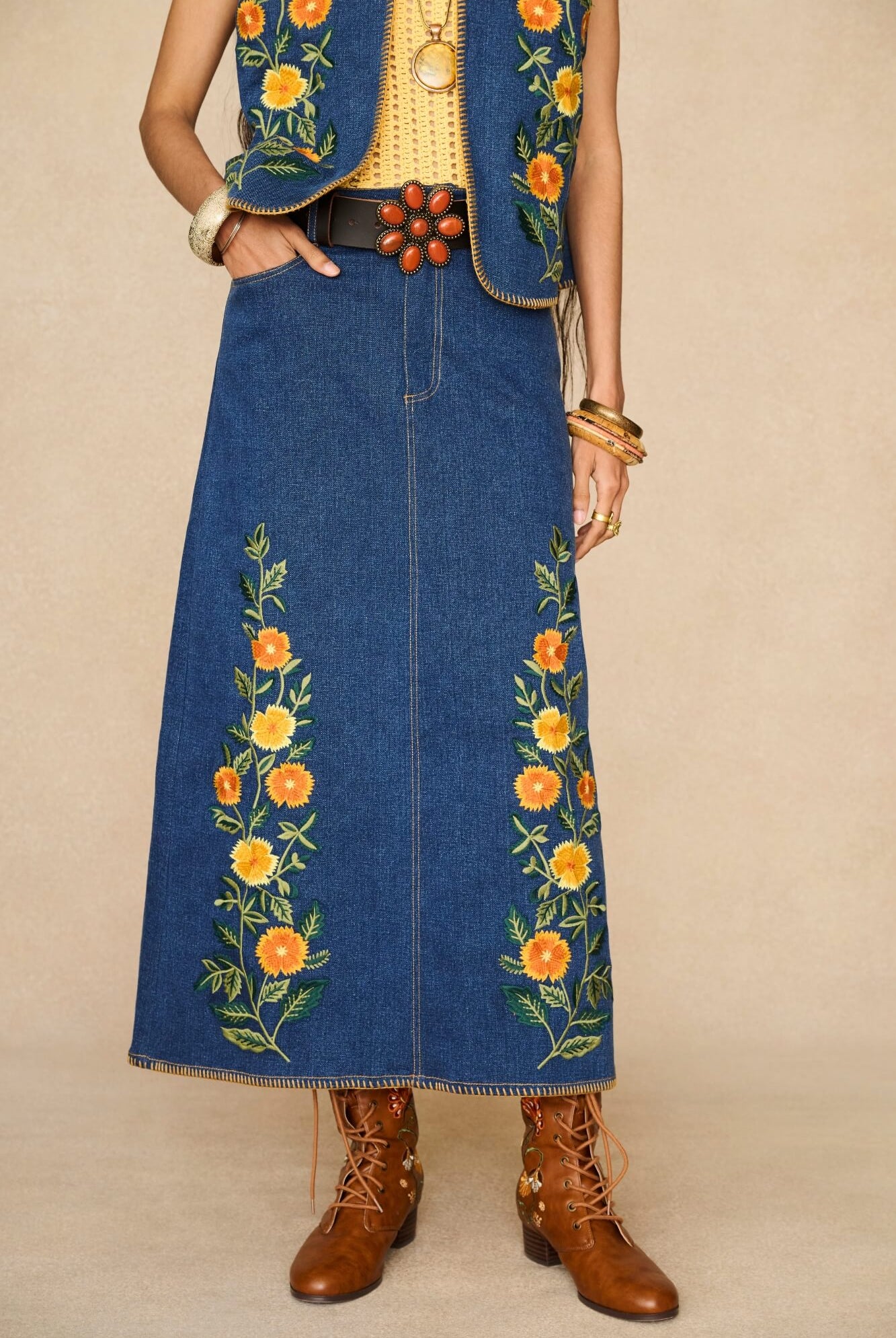 Denim Collection featuring 70s denim maxi skirt by The Hippie Shake - front view