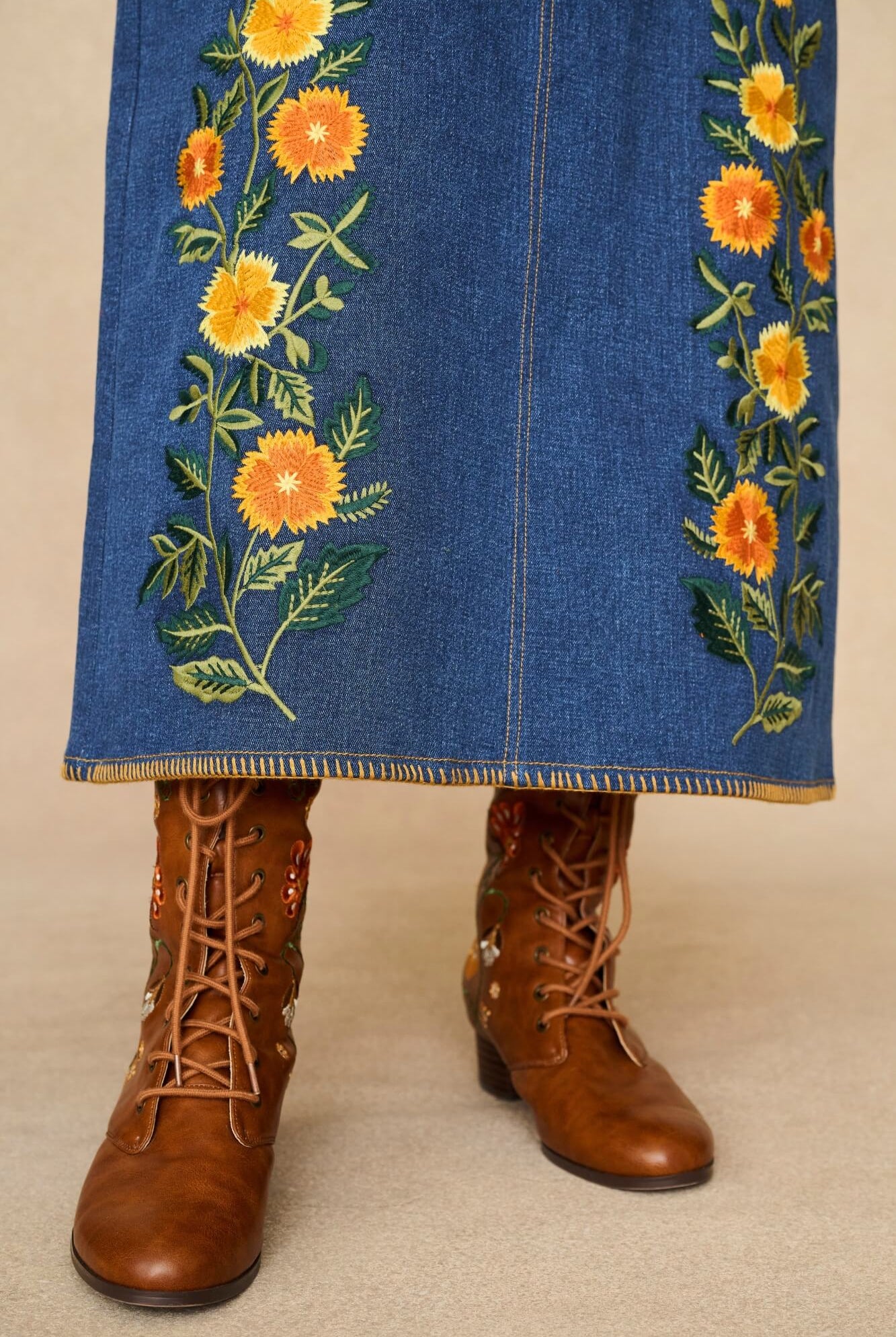 Denim Collection featuring 70s denim maxi skirt by The Hippie Shake - close up